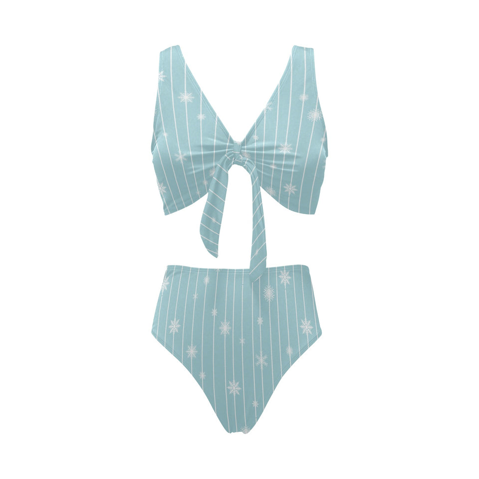 Snowflake pattern blue stripe background Chest Bowknot High Waisted Bikini Swimsuit