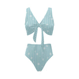 Snowflake pattern blue stripe background Chest Bowknot High Waisted Bikini Swimsuit