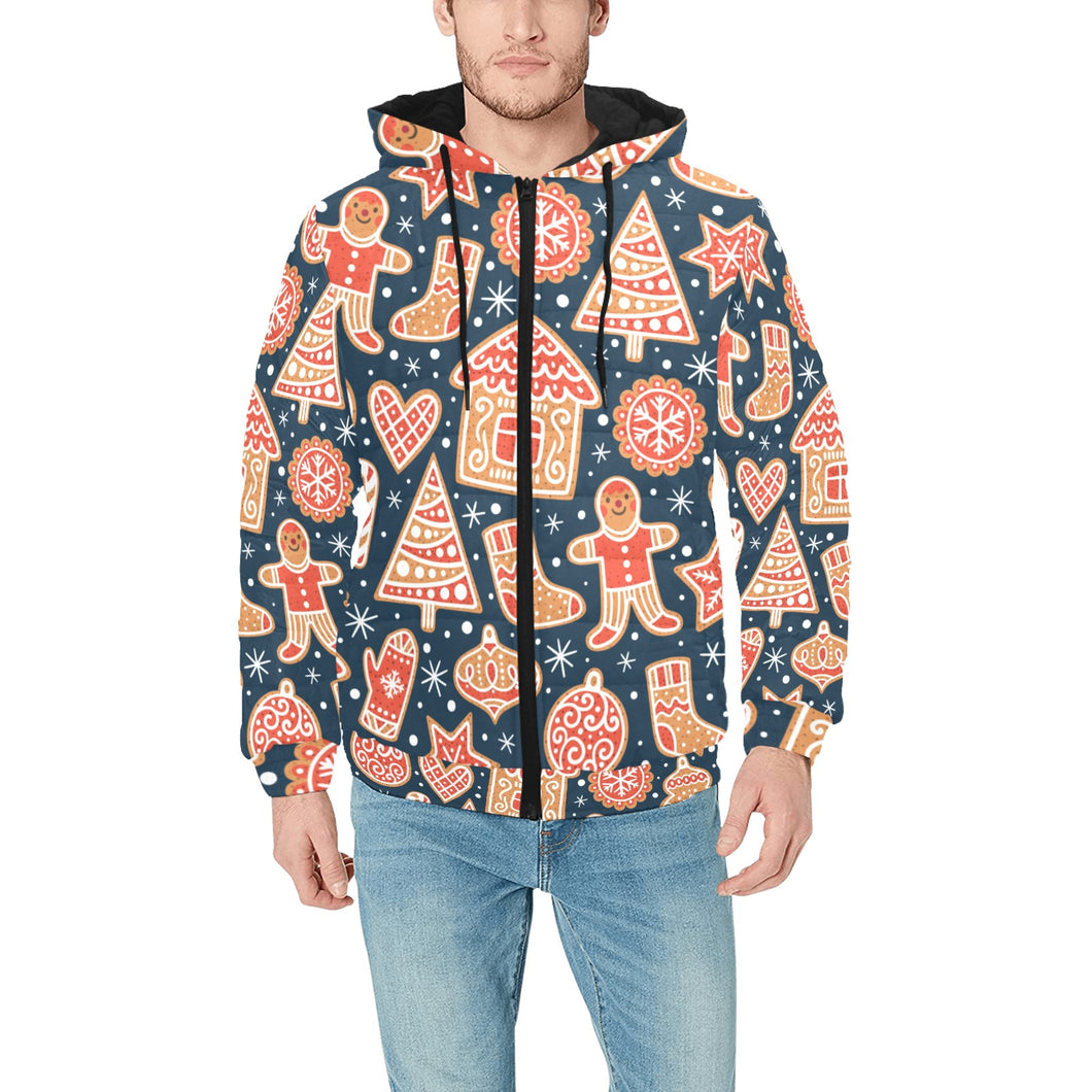 Christmas gingerbread cookie pattern Men's Padded Hooded Jacket