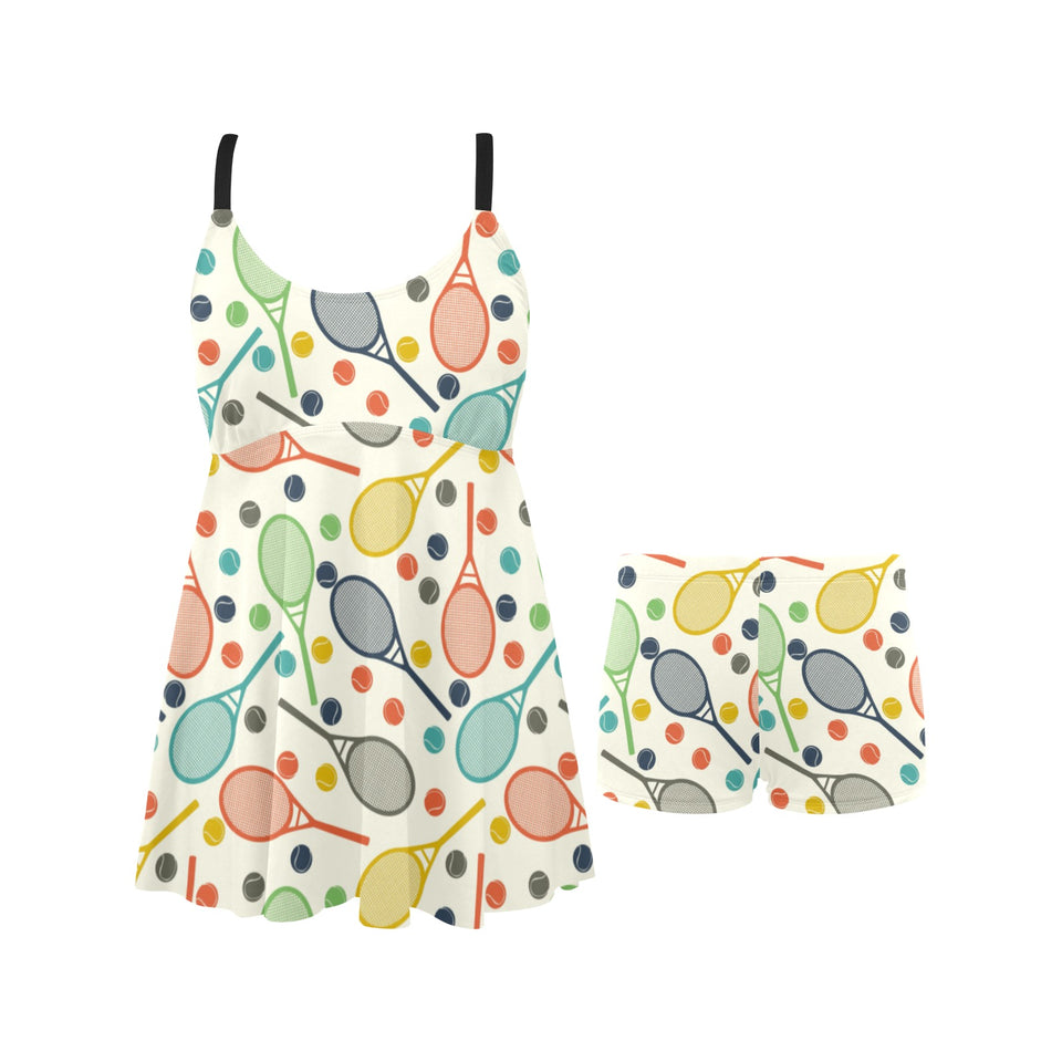 Tennis Pattern Print Design 03 Chest Sexy Pleated Two Piece Swim Dress