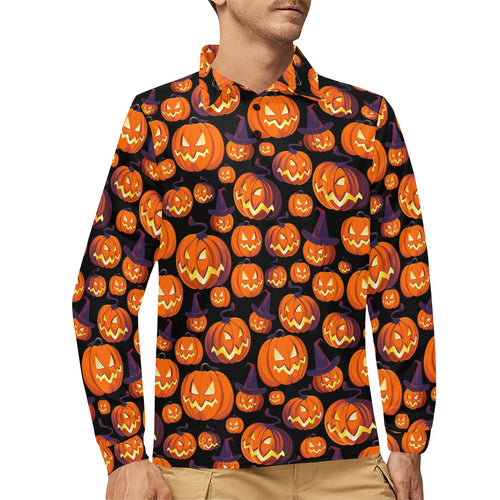 Halloween Pumpkin pattern Men's Long Sleeve Polo Shirt
