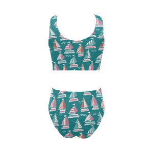 Cute sailboat pattern Chest Bowknot High Waisted Bikini Swimsuit