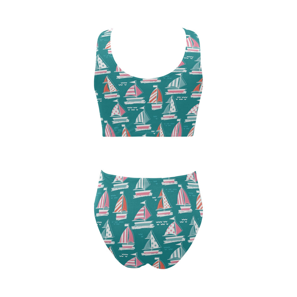 Cute sailboat pattern Chest Bowknot High Waisted Bikini Swimsuit