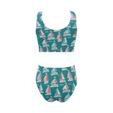 Cute sailboat pattern Chest Bowknot High Waisted Bikini Swimsuit