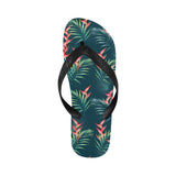 heliconia flowers, palm and monstera leaves on bla Unisex Flip Flops