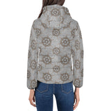 nautical wood steering wheel pattern Women's Padded Hooded Jacket