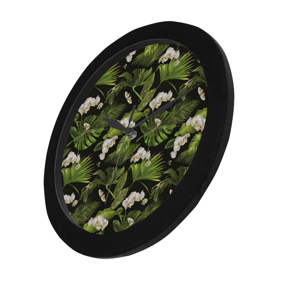 White orchid flower tropical leaves pattern blackg Elegant Black Wall Clock
