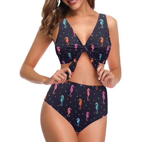 Watercolor colorful seahorse pattern Chest Bowknot High Waisted Bikini Swimsuit