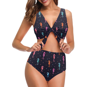Watercolor colorful seahorse pattern Chest Bowknot High Waisted Bikini Swimsuit