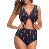 Watercolor colorful seahorse pattern Chest Bowknot High Waisted Bikini Swimsuit