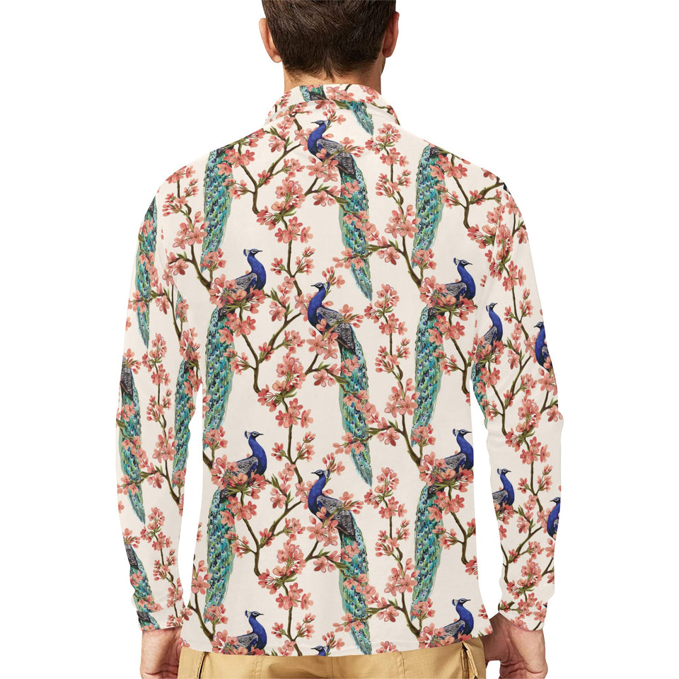 Peacock tropical flower pattern Men's Long Sleeve Polo Shirt