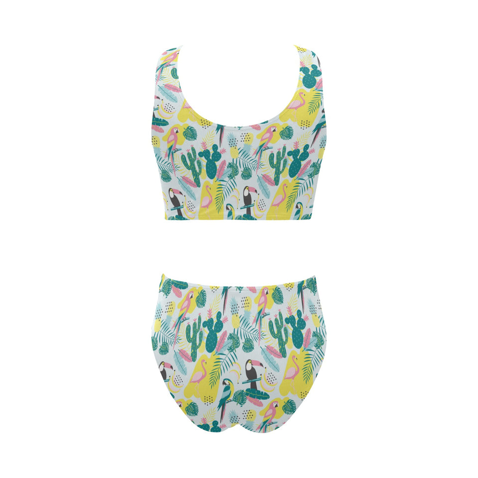 Cute parrot toucan flamingo cactus exotic leaves p Chest Bowknot High Waisted Bikini Swimsuit