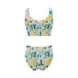 Cute parrot toucan flamingo cactus exotic leaves p Chest Bowknot High Waisted Bikini Swimsuit