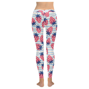 Strawberry pattern blue lines background Women's Legging Fulfilled In US