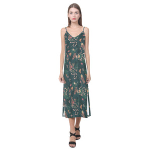Snake forest pattern V-Neck Open Fork Long Dress