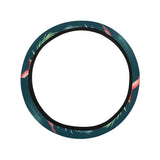 heliconia flowers, palm and monstera leaves on bla Car Steering Wheel Cover