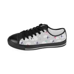 Airplane cloud grey background Kids' Boys' Girls' Low Top Canvas Shoes Black