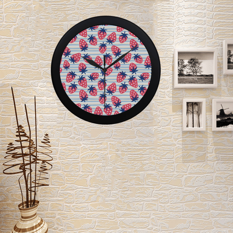 Strawberry pattern blue lines background Elegant Black Wall Clock