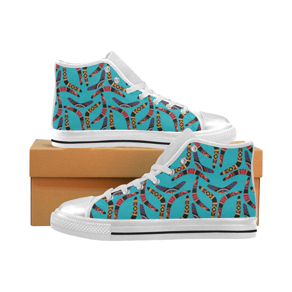 Boomerang Australian aboriginal ornament blue back Women's High Top Canvas Shoes White