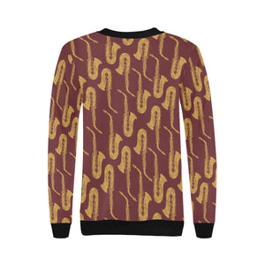 Hand drawn gold saxophone red background Women's Crew Neck Sweatshirt