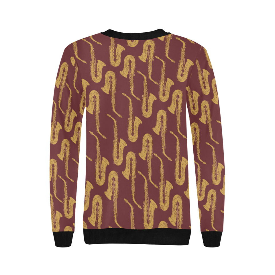 Hand drawn gold saxophone red background Women's Crew Neck Sweatshirt