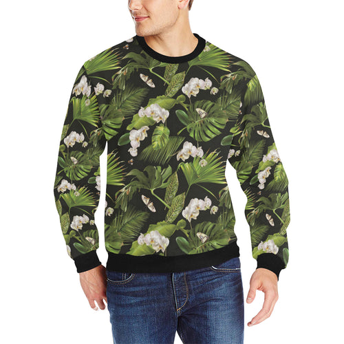 White orchid flower tropical leaves pattern blackg Men's Crew Neck Sweatshirt