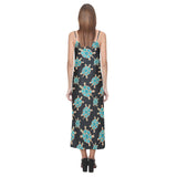 Sea turtle blue stone pattern V-Neck Open Fork Long Dress