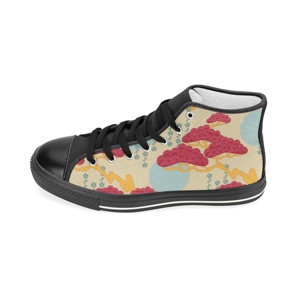 Red Bonsai gray sun japanese pattern Women's High Top Canvas Shoes Black