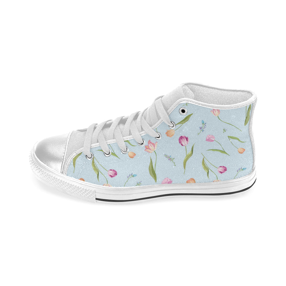 Watercolor Tulips pattern Women's High Top Canvas Shoes White