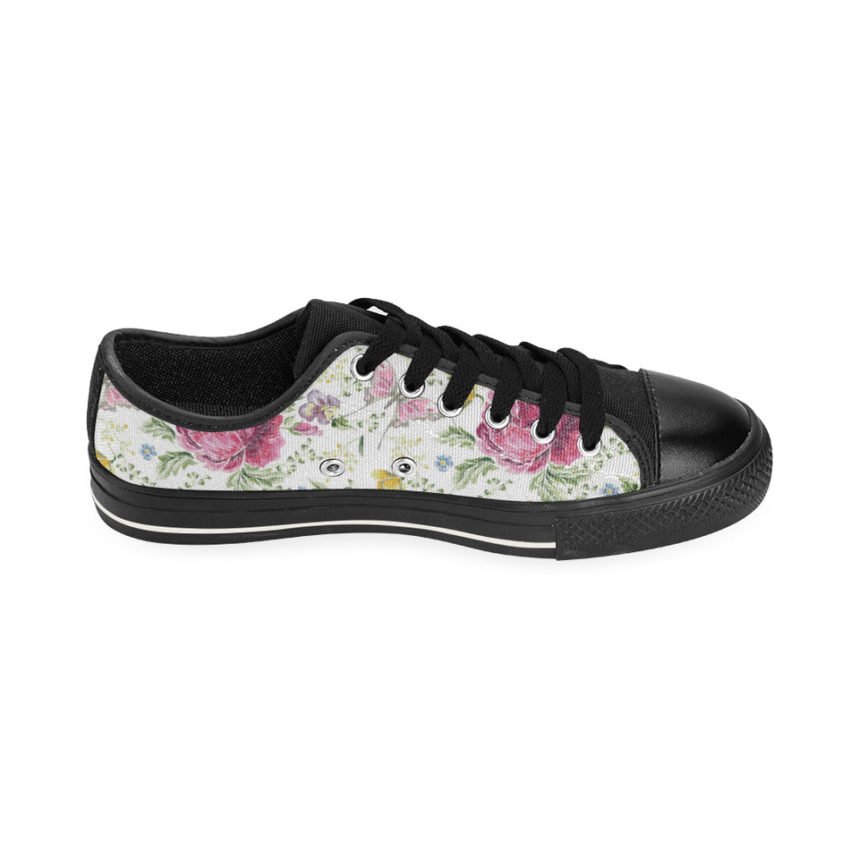 Hand drawn butterfly rose Men's Low Top Canvas Shoes Black
