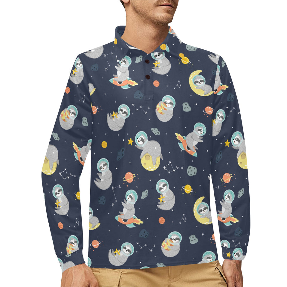 Cute sloth astronaut star planet rocket pattern Men's Long Sleeve Polo Shirt