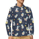 Cute sloth astronaut star planet rocket pattern Men's Long Sleeve Polo Shirt