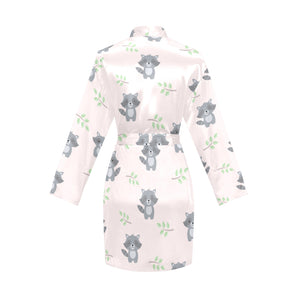cute raccoons leaves pattern Women's Long Sleeve Belted Night Robe