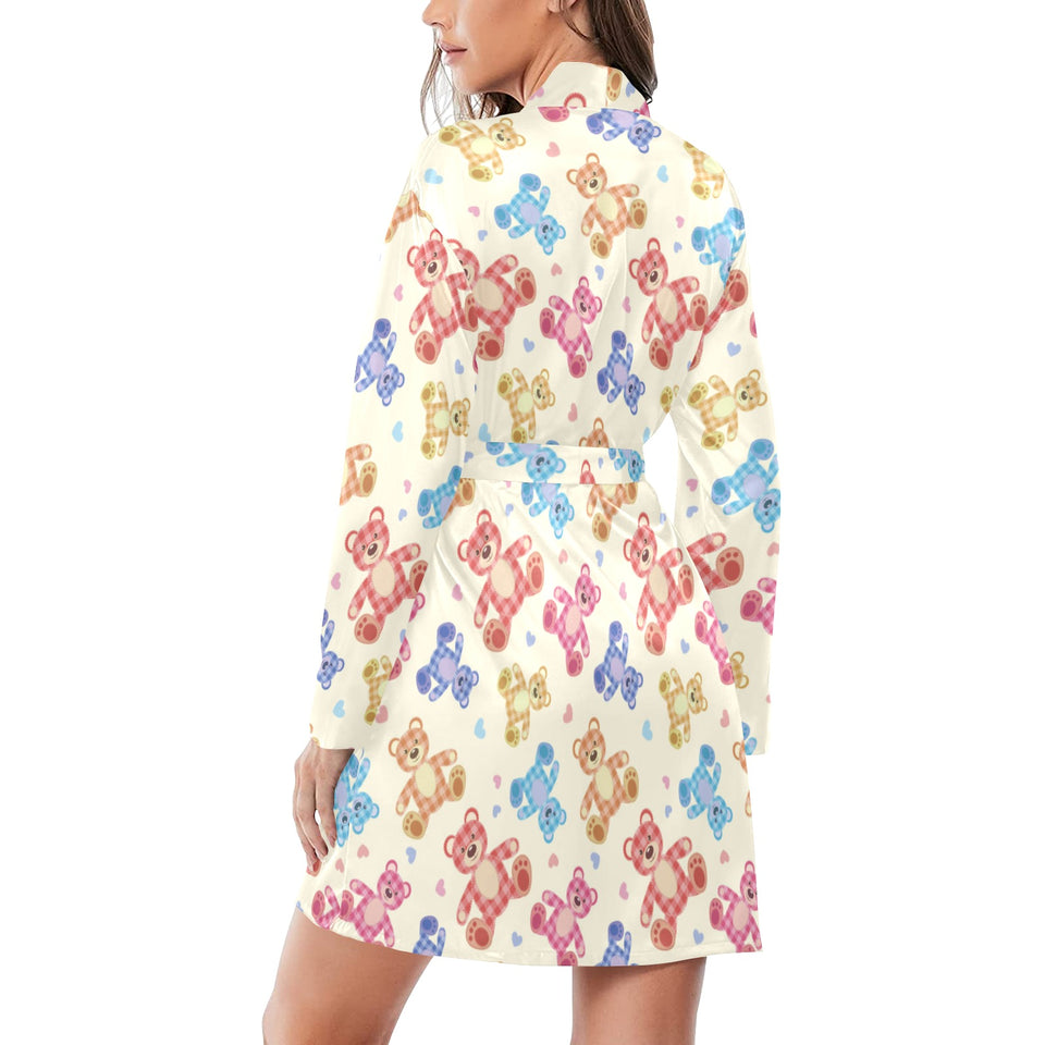 Teddy Bear Pattern Print Design 05 Women's Long Sleeve Belted Night Robe