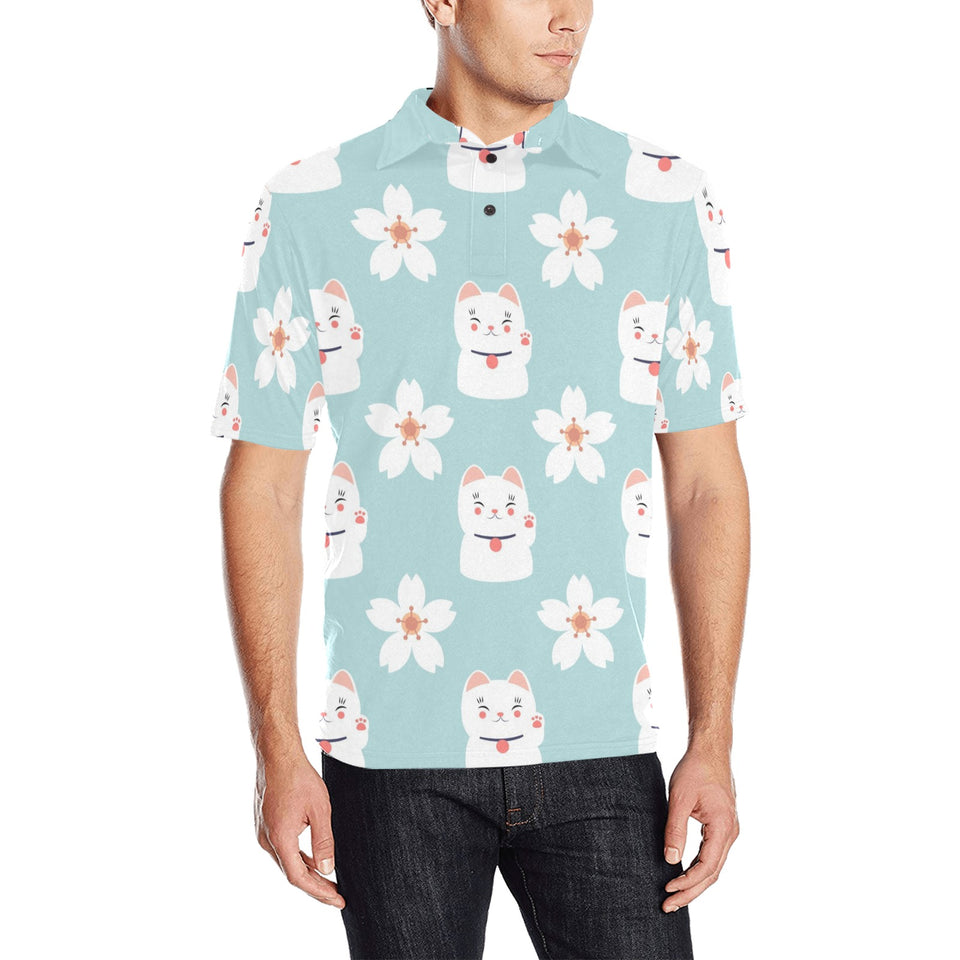 Maneki neko cat sakura Men's All Over Print Polo Shirt