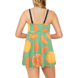 orange fruit pattern green background Chest Sexy Pleated Two Piece Swim Dress