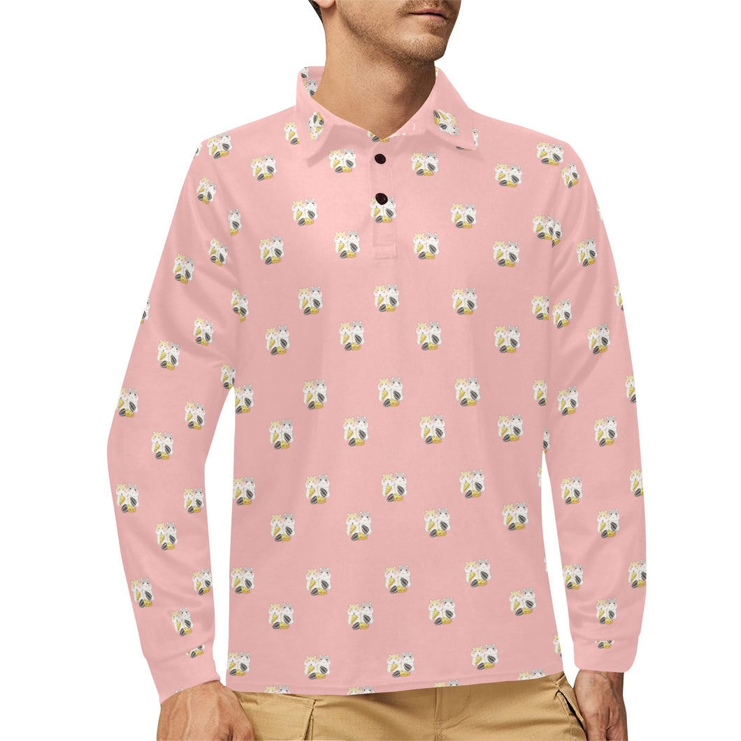 Cute hamster cheese pattern pink background Men's Long Sleeve Polo Shirt