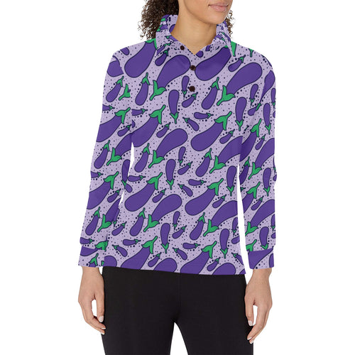 Eggplant Pattern Print Design 03 Women's Long Sleeve Polo Shirt