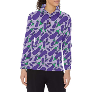 Eggplant Pattern Print Design 03 Women's Long Sleeve Polo Shirt