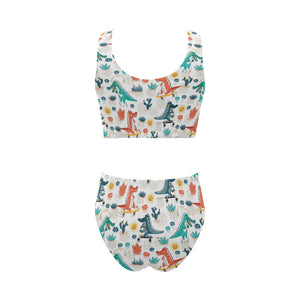 Cute Crocodile Pattern Chest Bowknot High Waisted Bikini Swimsuit