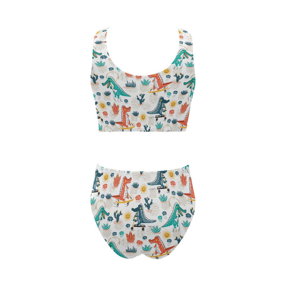 Cute Crocodile Pattern Chest Bowknot High Waisted Bikini Swimsuit