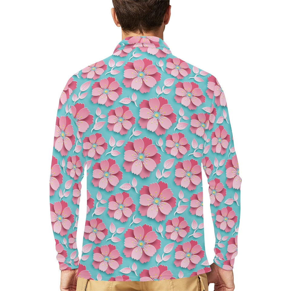 3D sakura cherry blossom pattern Men's Long Sleeve Polo Shirt