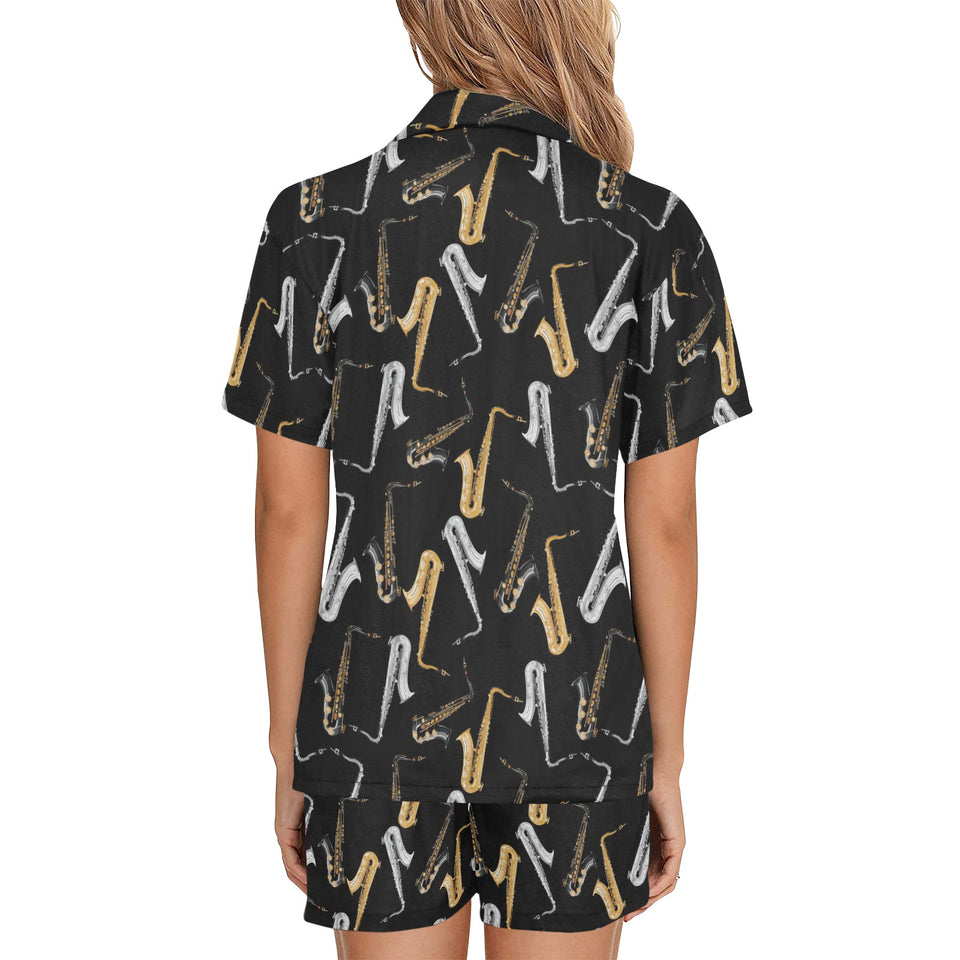 saxophone design pattern Women's V-Neck Short Pajama Set