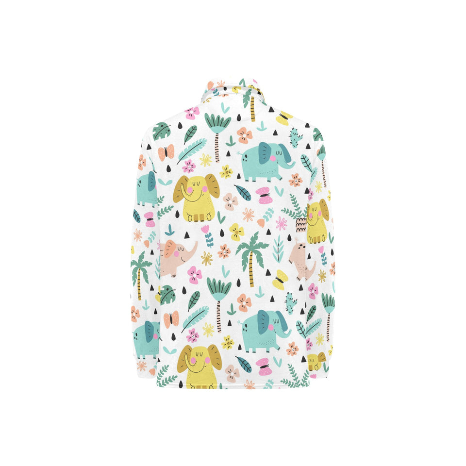 Cute elephants palm tree flower butterfly pattern Women's Long Sleeve Polo Shirt