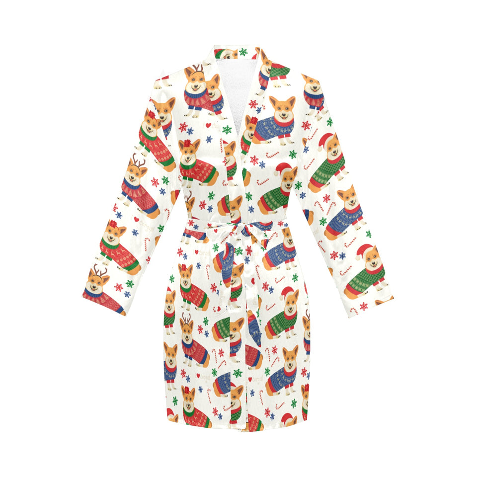 Corgi Christmas Pattern Women's Long Sleeve Belted Night Robe