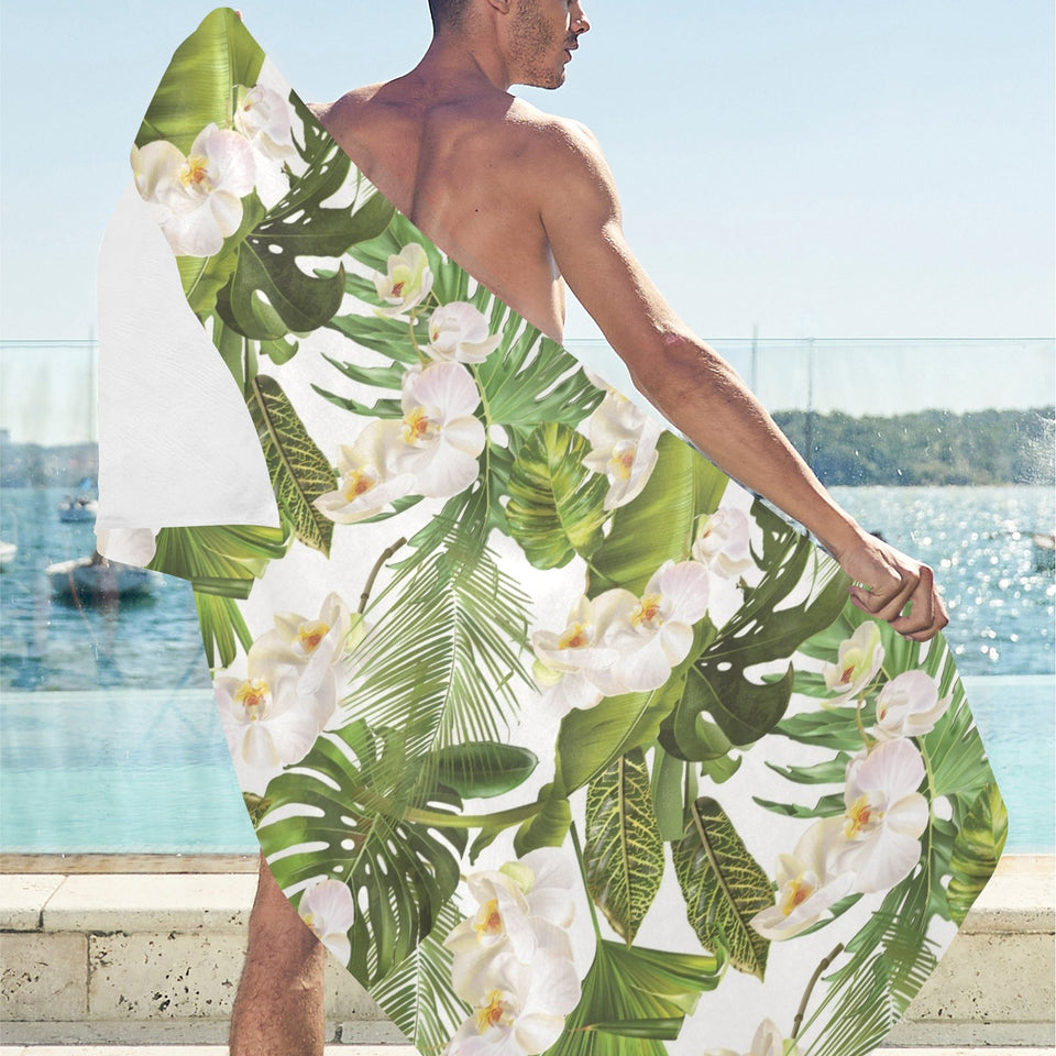 White orchid flower tropical leaves pattern Beach Towel