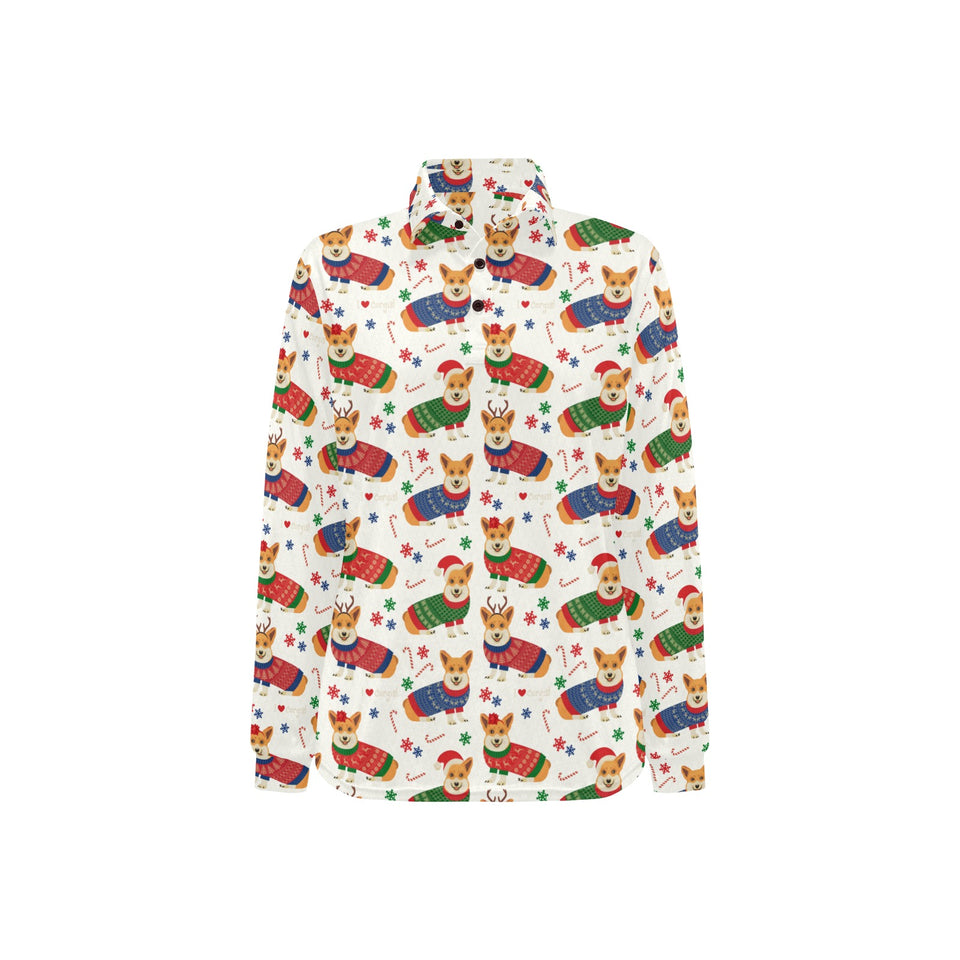 Corgi Christmas Pattern Women's Long Sleeve Polo Shirt
