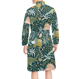 dinosaurs tropical leaves flower pattern Men's Long Sleeve Belted Night Robe