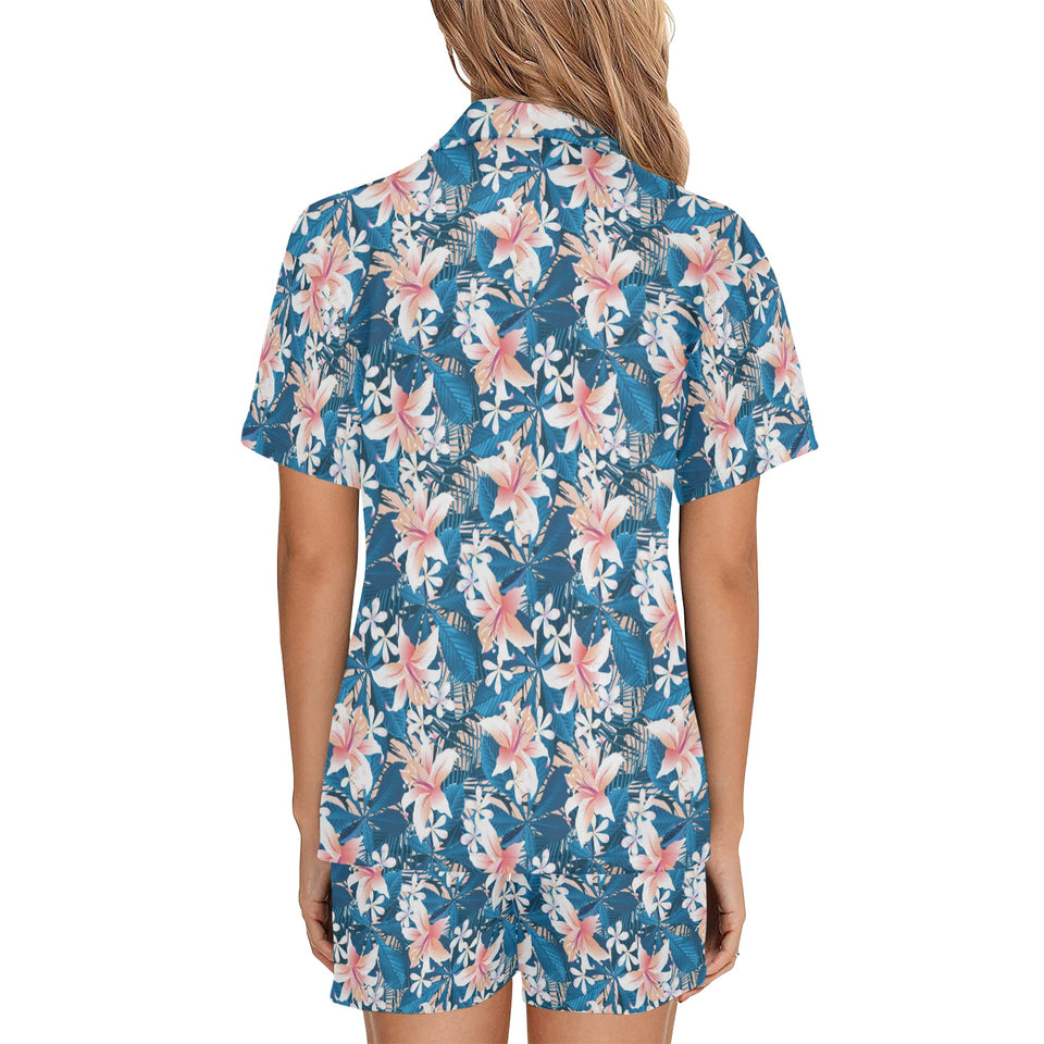 Hibiscus Pattern Print Design 02 Women's V-Neck Short Pajama Set