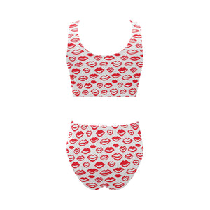Lips Pattern Print Design 05 Chest Bowknot High Waisted Bikini Swimsuit